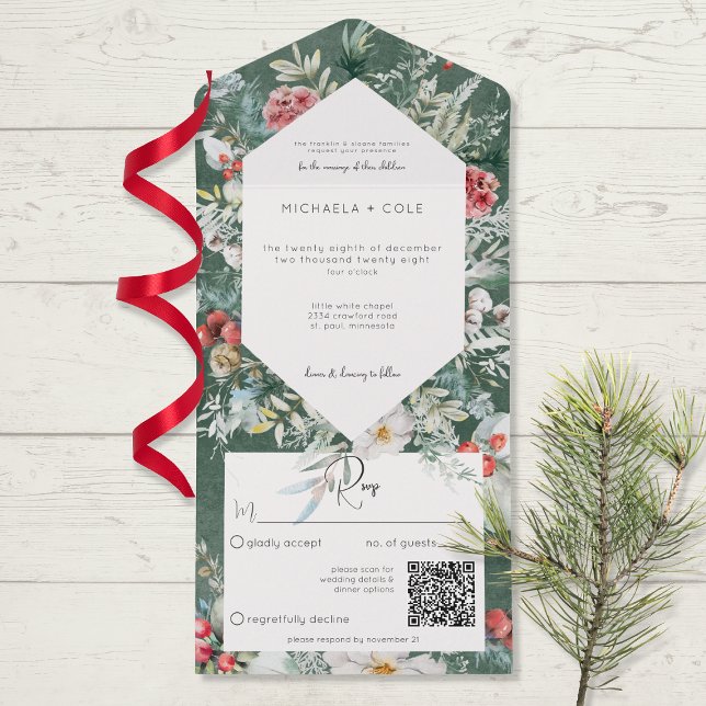 Rustic Winter Floral Pine Emerald QR Code All In One Invitation (Creator Uploaded)