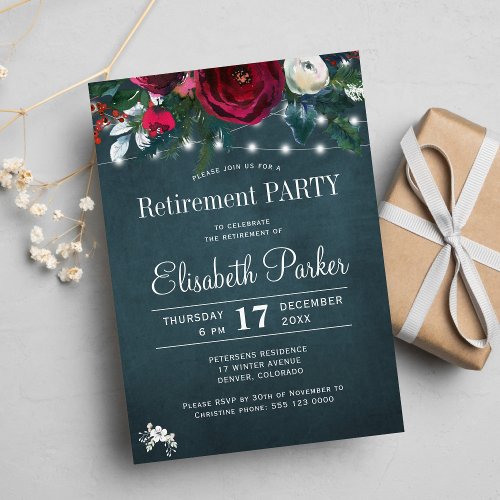 Rustic winter floral red navy retirement party  invitation