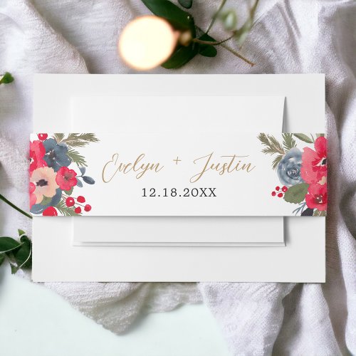 Rustic Winter Floral Watercolor gold Wedding Invitation Belly Band