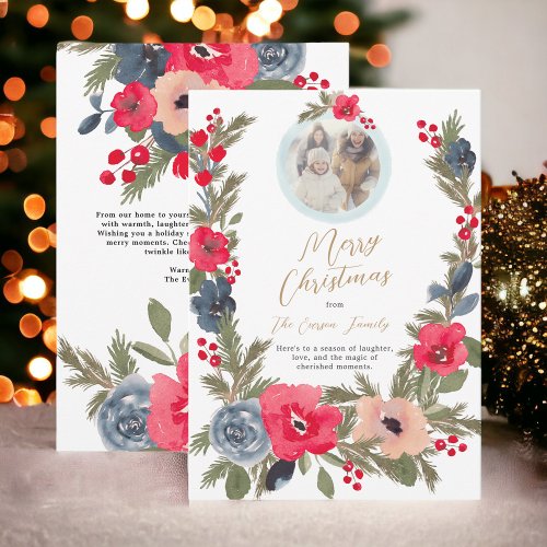 Rustic Winter Floral Watercolor Merry Christmas Holiday Card