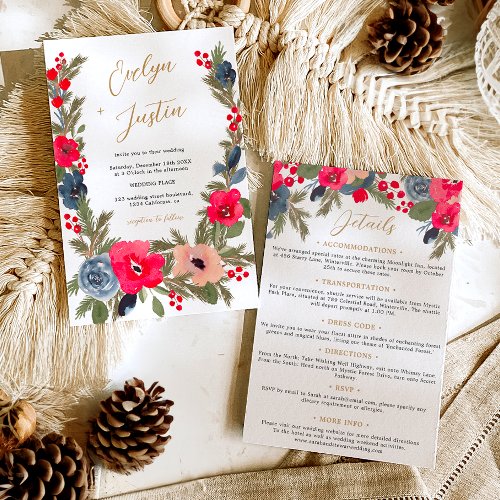 Rustic Winter Floral Watercolor Wedding all in One Invitation