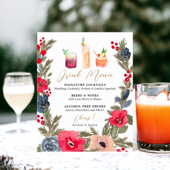 Rustic Winter Floral Watercolor Wedding Drink Menu Poster (Rustic Winter Floral Watercolor Wedding Drink Menu Poster)