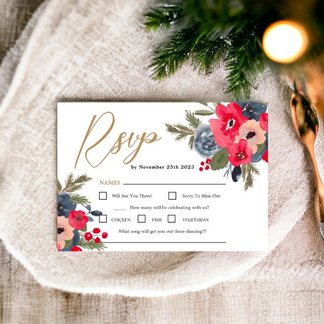 Rustic Winter Floral Watercolor Wedding rsvp Invitation (Rustic Elegant Winter Floral Watercolor Wedding rsvp)