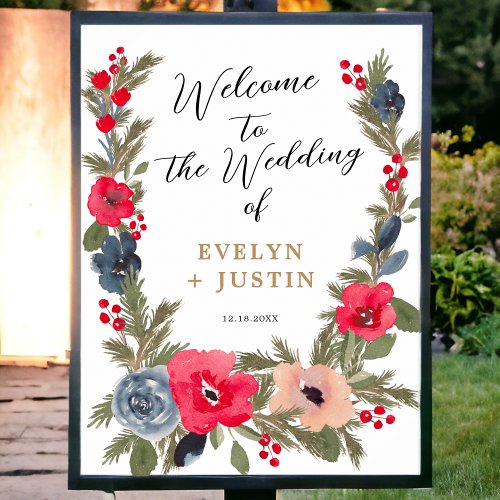 Rustic Winter Floral Watercolor Wedding Welcome Poster