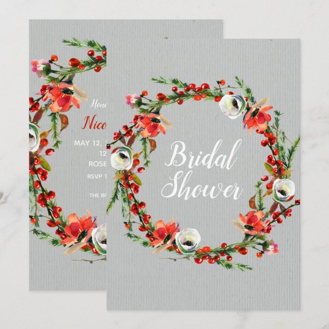 Rustic Winter Floral Wreath Modern Bridal Shower Invitation (Front/Back)