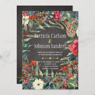 Rustic Winter Flowers and Berries Chalkboard Invitation