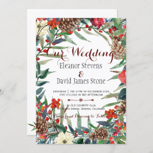 Rustic Winter Flowers   Burgundy Wedding Invitation