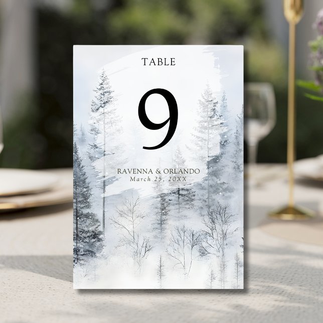 Rustic Winter Fog Snow Pine Tree Forest Wedding Table Number (Creator Uploaded)
