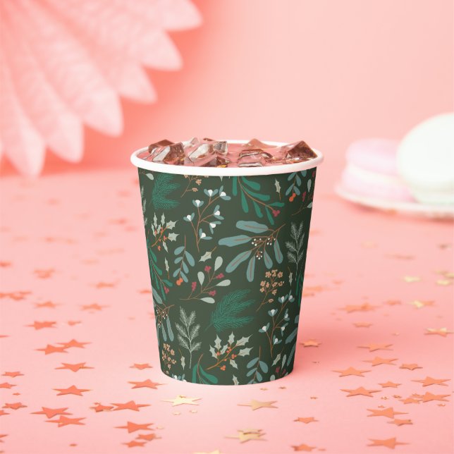 Rustic Winter Foliage Pattern Green Paper Cups (Insitu)