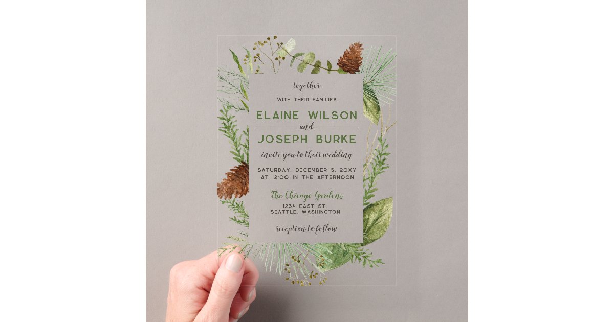 Rustic Winter Foliage Pine cone Wedding Acrylic Invitations | Zazzle