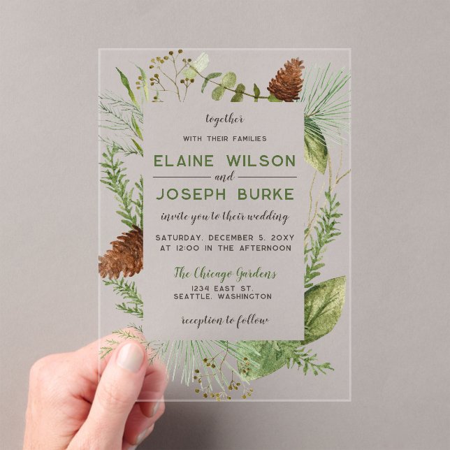 Rustic Winter Foliage Pine cone Wedding Acrylic Invitations (Insitu (Handheld))