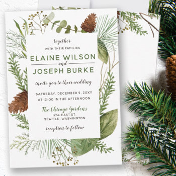 Rustic Winter Foliage Pine Cone Wedding Invitation by blessedwedding at Zazzle