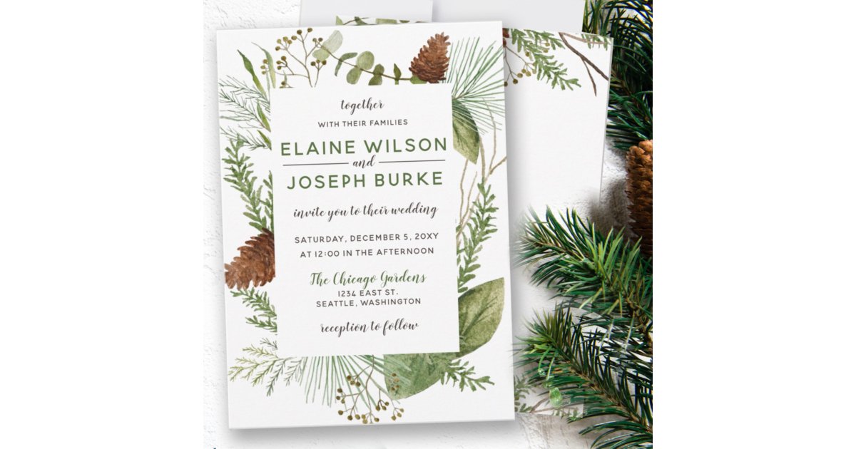 Rustic Winter Foliage Pine cone Wedding Invitation | Zazzle