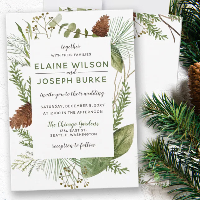 Rustic Winter Foliage Pine cone Wedding Invitation | Zazzle