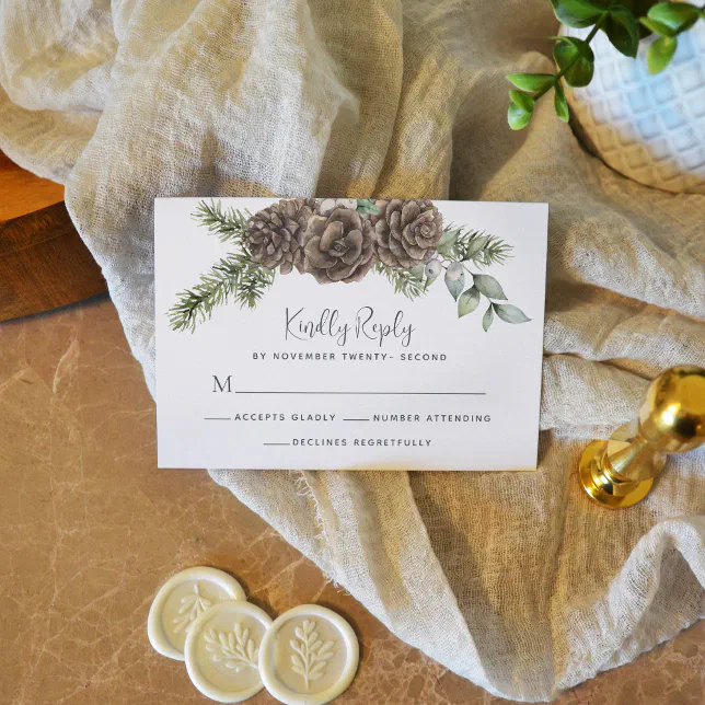 Rustic Winter Foliage Pine Cone Wedding RSVP Card | Zazzle