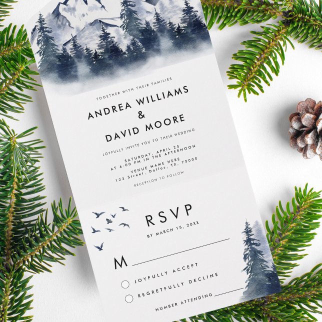 Rustic Winter Forest All in One Blue Wedding All In One Invitation (Creator Uploaded)