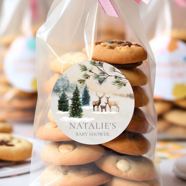 Rustic Winter Forest Baby Shower Classic Round Sticker (Winter Forest Gender Neutral Baby Shower Stickers
)