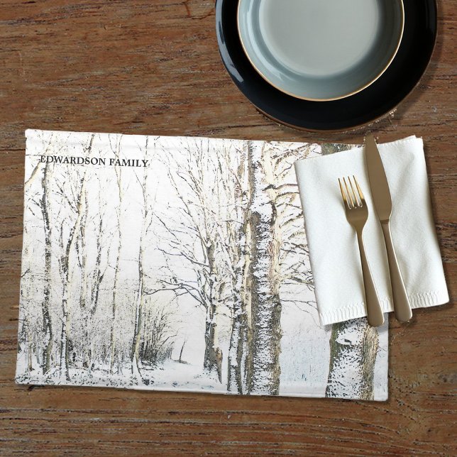Rustic winter forest family name cloth placemat (Rustic winter forest family name cloth placemat. Beautiful country placemats for your winter home.)