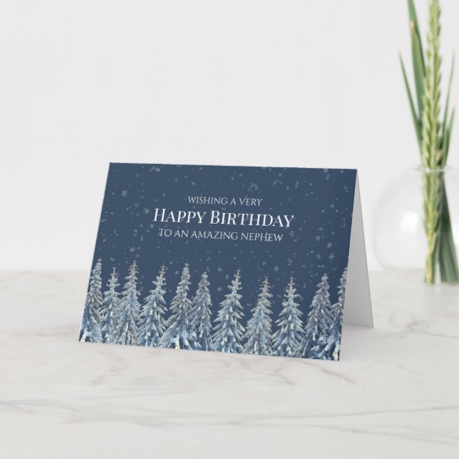 Rustic Winter Forest Happy Birthday Nephew Card (Front)