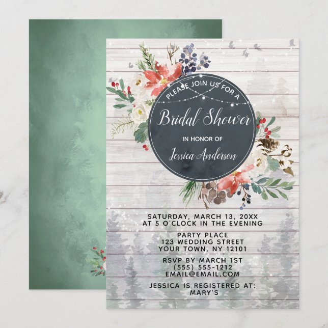 Rustic Winter Forest Lights Floral Bridal Shower Invitation (Front/Back)