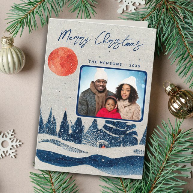 Rustic Winter Forest Moon Family Photo Christmas Holiday Card (Creator Uploaded)