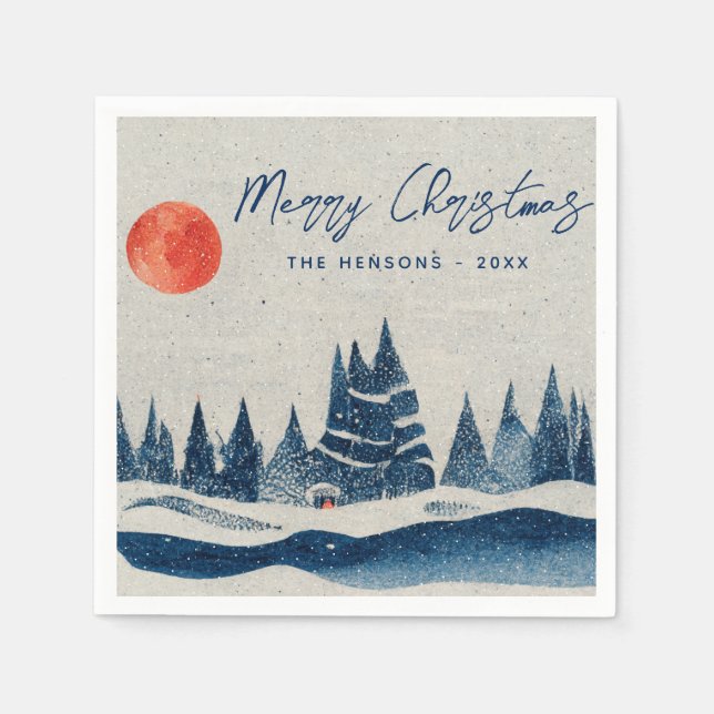 Rustic Winter Forest Moon Family Photo Christmas Napkins (Front)