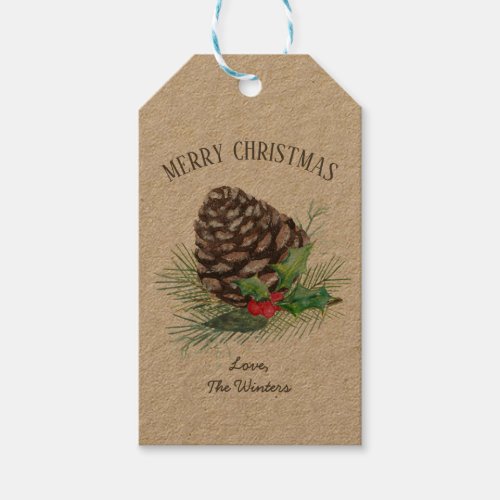 Rustic Winter Forest Pine Cone Holly Kraft Holiday Gift Tags