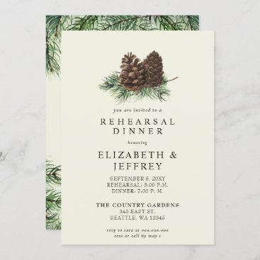 Rustic Winter Forest Pine Cone Rehearsal Dinner Invitation