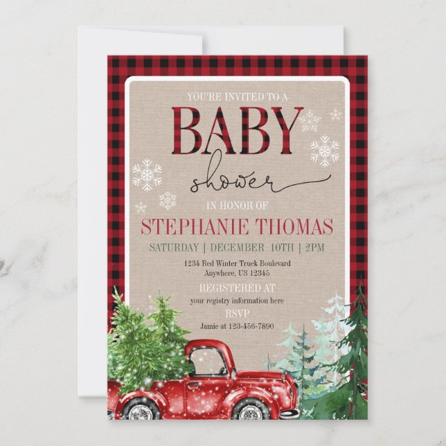 Rustic Winter Forest Red Truck Baby Shower Invitation (Front)