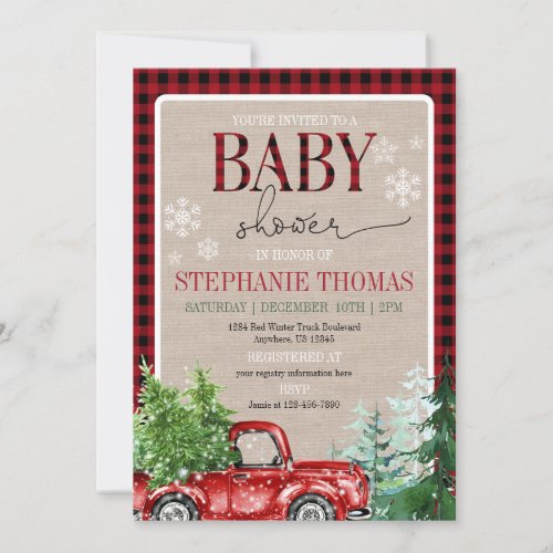 Rustic Winter Forest Red Truck Baby Shower Invitation