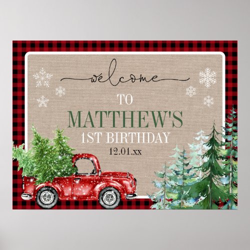 Rustic Winter Forest Red Truck Birthday Welcome Poster