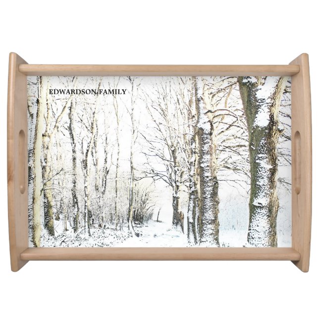 Rustic winter forest trees family name serving tray (Front)