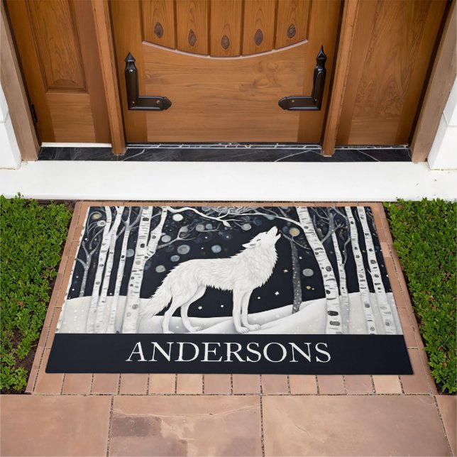 Rustic Winter Forest White Wolf Doormat (Outdoor)