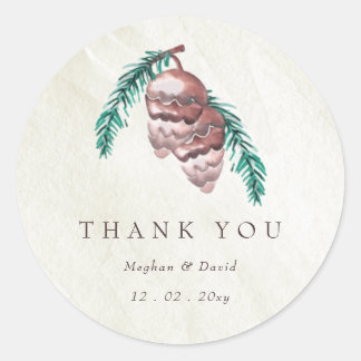 Rustic Winter Forest Woodland Pine Cone Wedding C Classic Round Sticker