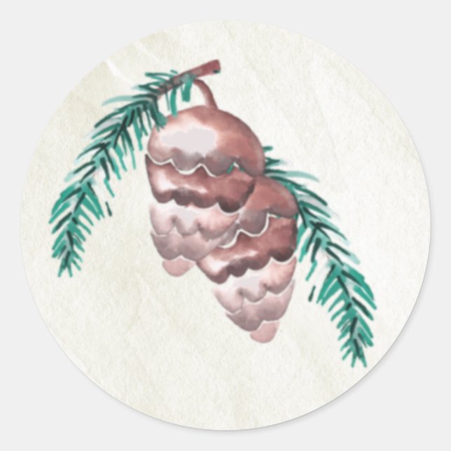  Rustic Winter Forest Woodland Pine Cone Wedding Classic Round Sticker (Front)
