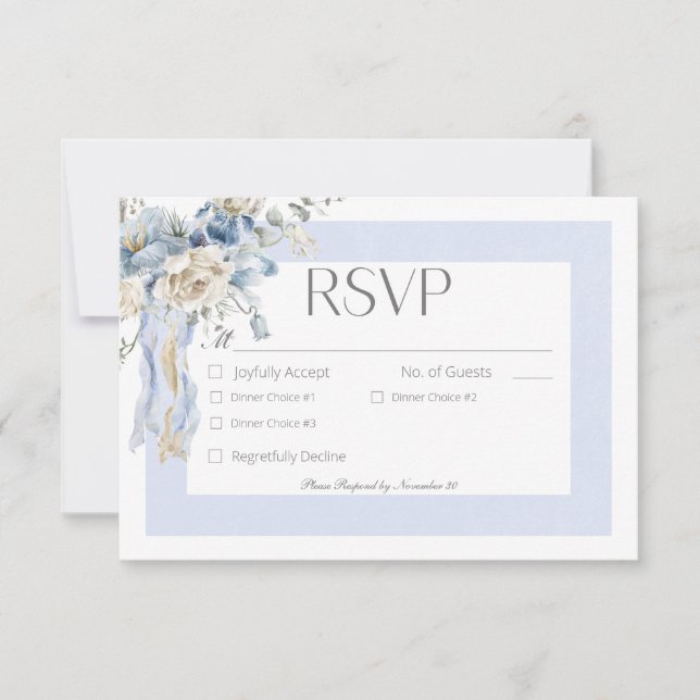 Rustic Winter Frosty Blue & White Floral Dinner RSVP Card (Front)