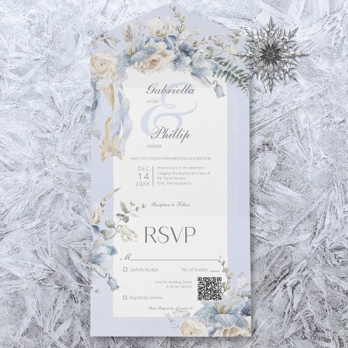 Rustic Winter Frosty Blue  White Floral QR Code All In One Invitation