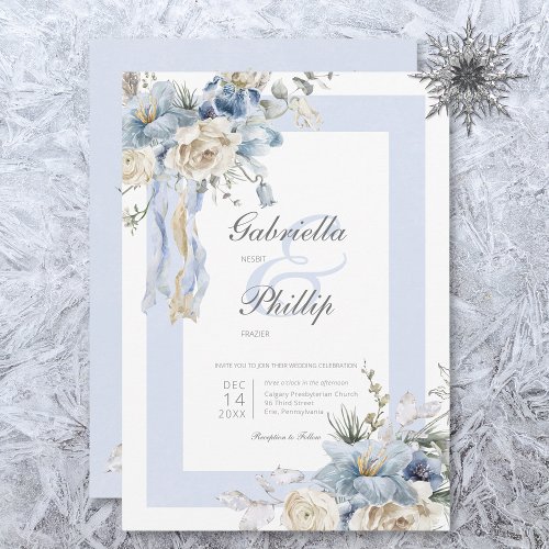 Rustic Winter Frosty Blue  White Floral Wedding Invitation