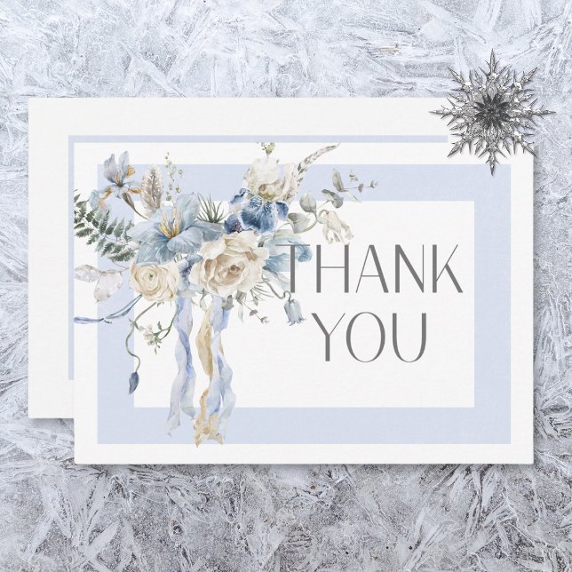Rustic Winter Frosty Blue & White Floral Wedding Thank You Card (Creator Uploaded)
