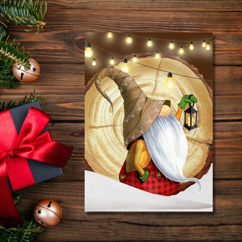 Rustic Winter Gnome Tree Snow Lights Christmas  Holiday Card