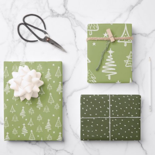Rustic Winter Green Christmas Tree and Snow Wrapping Paper Sheets