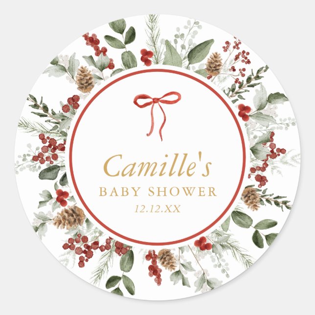 Rustic Winter Greenery Baby Shower Classic Round Sticker (Front)