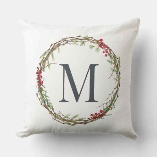 Rustic Winter Greenery Berries Monogram Wreath Throw Pillow