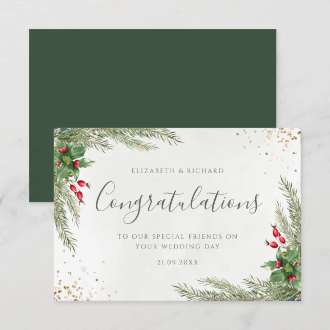 Rustic Winter Greenery Berries Pine Cone Wedding Card | Zazzle