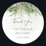 Rustic Winter Greenery Berries Pine Cone Wedding Classic Round Sticker<br><div class="desc">Express your gratitude to your guests in a festive way with these winter greenery thank you stickers. These self-adhesive stickers feature a charming design of pine branches and berries, adding a touch of holiday cheer to your wedding favors, bomboniere, or thank you cards. Personalize the stickers with the names of...</div>