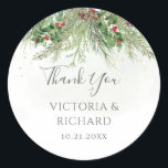 Rustic Winter Greenery Berries Pine Cone Wedding Classic Round Sticker<br><div class="desc">Express your gratitude to your guests in a festive way with these winter greenery thank you stickers. These self-adhesive stickers feature a charming design of pine branches and berries, adding a touch of holiday cheer to your wedding favors, bomboniere, or thank you cards. Personalize the stickers with the names of...</div>