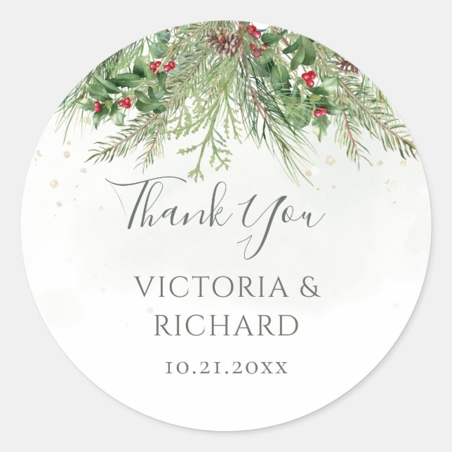 Rustic Winter Greenery Berries Pine Cone Wedding Classic Round Sticker (Front)