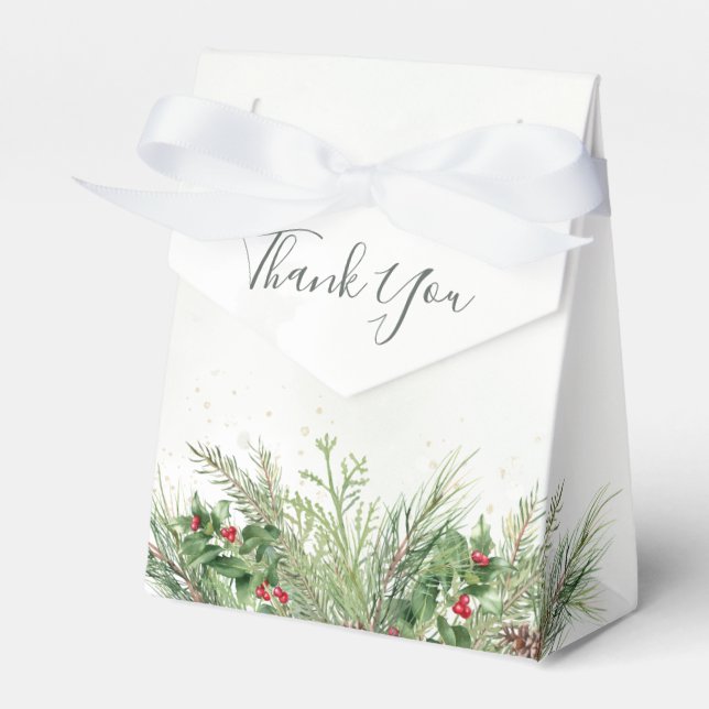 Rustic Winter Greenery Berries Pine Cone Wedding Favor Boxes (Front Side)