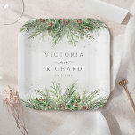 Rustic Winter Greenery Berries Pine Cone Wedding Paper Plates<br><div class="desc">Bring a touch of wintry elegance to your wedding reception or holiday party with these disposable winter greenery paper plates. These sturdy paper plates feature a festive design of pine branches and red berries, perfect for serving appetizers, desserts, or slices of cake. Choose from a variety of sizes and personalize...</div>