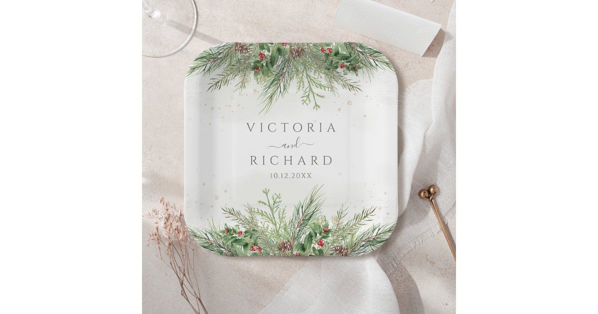 Rustic Winter Greenery Berries Pine Cone Wedding Paper Plates | Zazzle